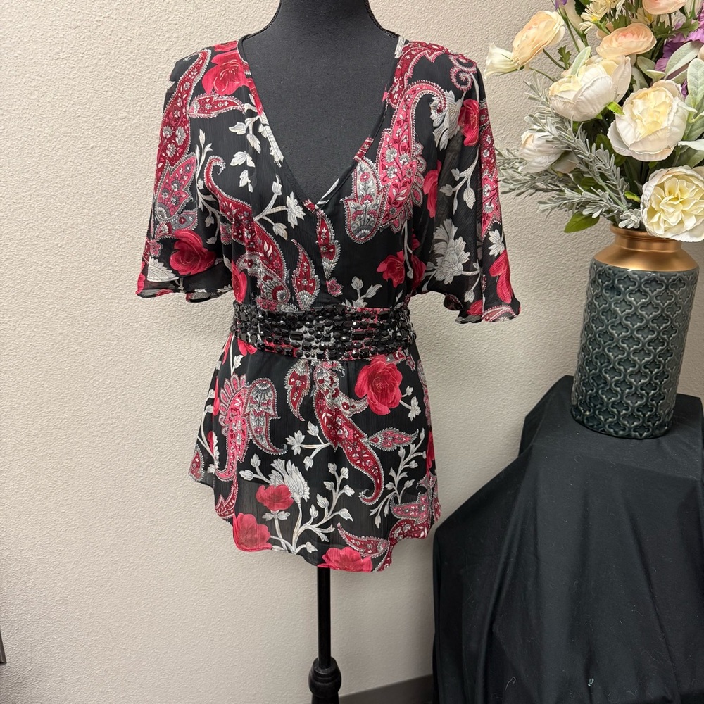 Apt. 9 Black Red Paisley Floral Beaded Waist Blouse L Dressy Boho Top